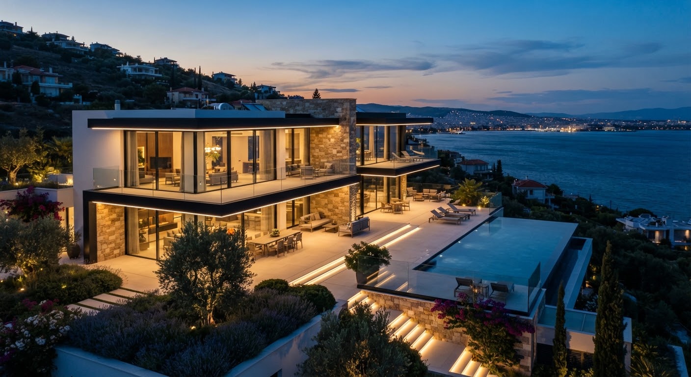Σύγχρονη βίλα πολυτελείας στη Θεσσαλονίκη με θέα στον Θερμαϊκό Κόλπο το σούρουπο